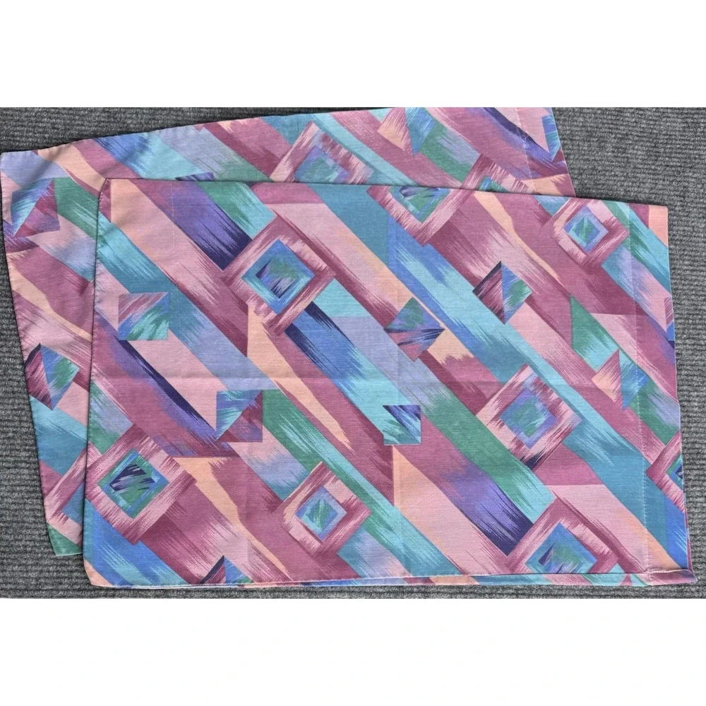 Vintage Pillowcase Pair Geometric Abstract Teal Purple 1980s 90s Retro Pastel